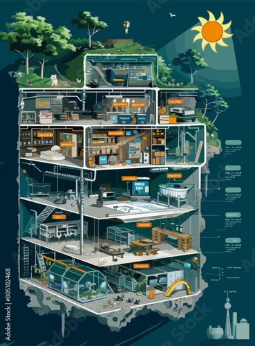 A vertical slice of urban life unfolds in this illustration, showcasing different levels of living and activity, from street to subterranean. Vector illustration