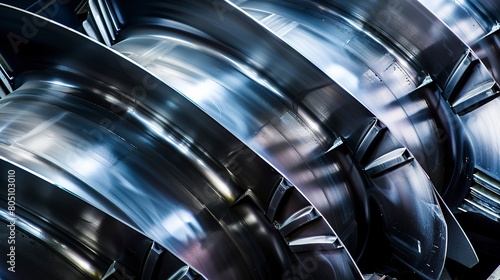 Steam turbine blades, close-up, high contrast, metallic sheen, focused light, power plant background. 