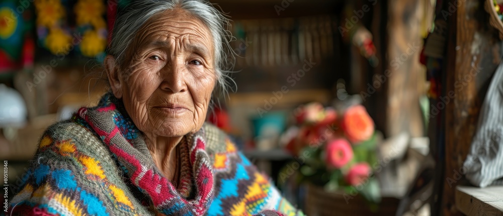 A woman with a colorful sweater sits in front of a window