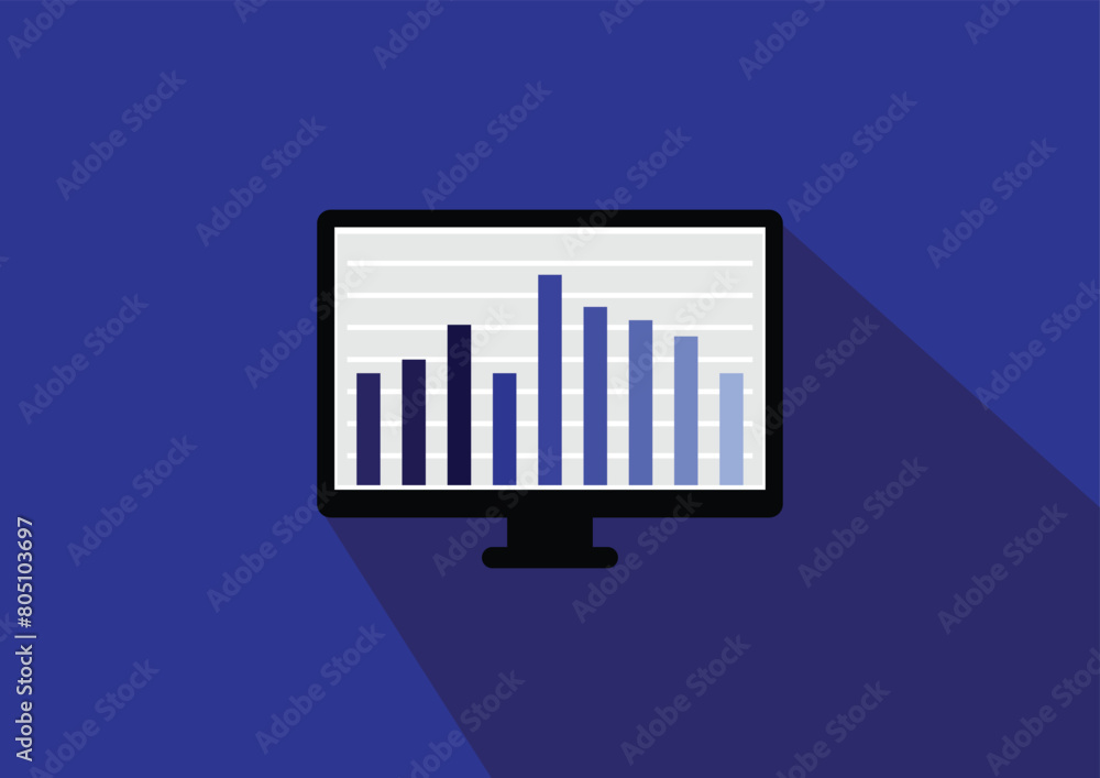 Computer monitor with graph icon in flat design style with long shadow. Business Graph on blue background Computer monitor with graph icon in flat design style with long shadow. Business Graph on blue background