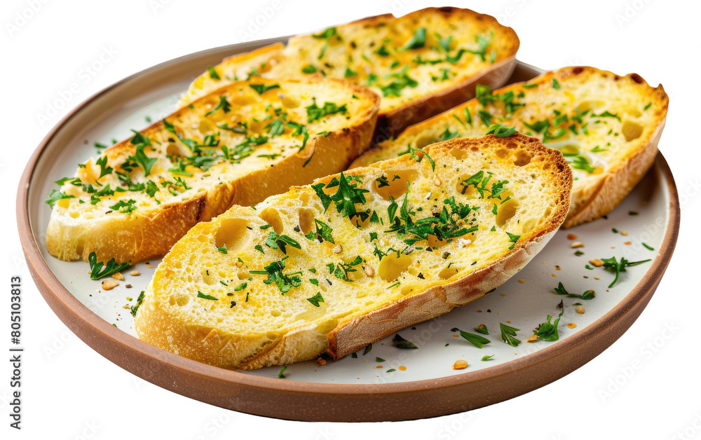 Garlic Bread Culinary Delight Presented on White Background, Isolated Garlic Bread Delight on a White Plate, Copy Space