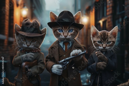 Three anthropomorphic kitten gang members styled after the Peaky Blinders. Each kitten wields a weapon in their tiny paws. The first kitten sports a stylish fedora and holds a small pisto