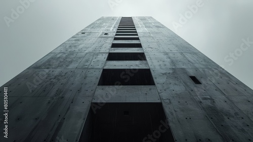 A tall building with a grey sky in the background