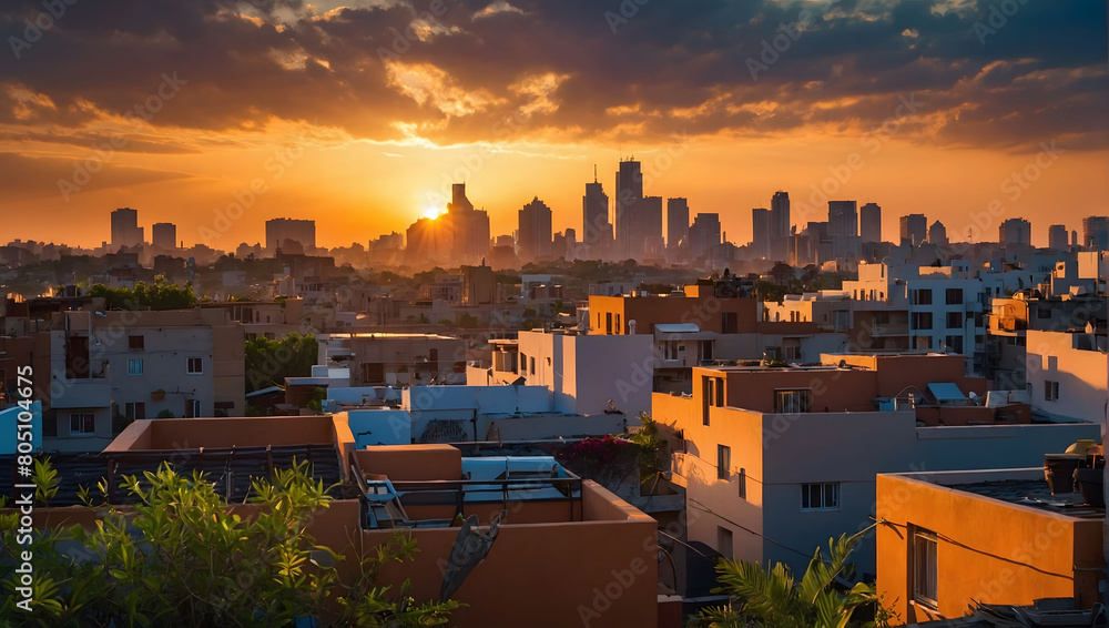 Radiant Rooftops, Witness the Mesmerizing Beauty of a Summer Sun Blur, as the Hot Sky Dances with the Setting Sun, Bathing the City Rooftop View in a Soft, Fuzzy Glow.