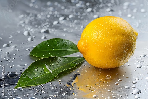 Yellow Lemon, health fruit, object, green leaf, drop. A yellow lemon with water drops and leaf over silver background. .