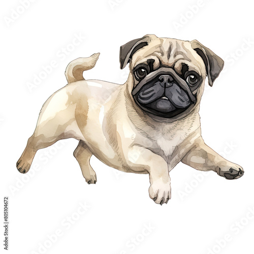 AI-Generated Watercolor cute Pug jumping Clip Art Illustration. Isolated elements on a white background.
