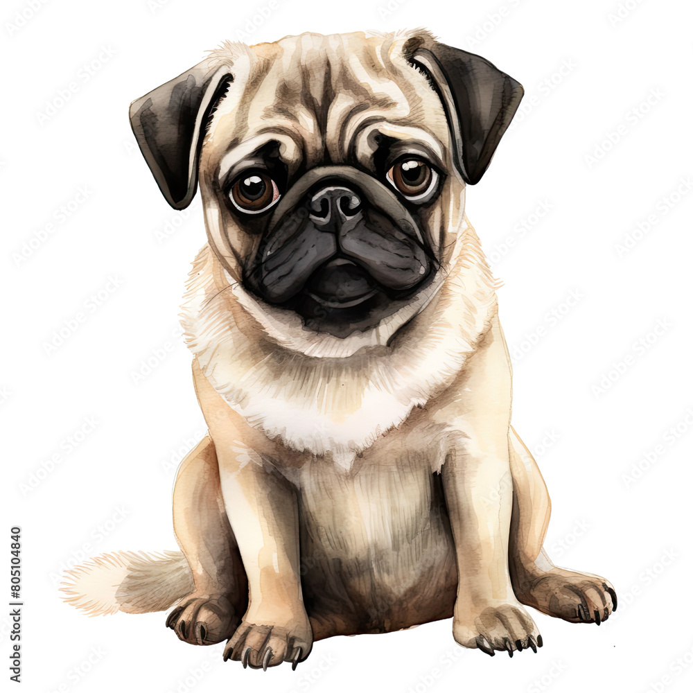 AI-Generated Watercolor cute Pug sitting Clip Art Illustration. Isolated elements on a white background.