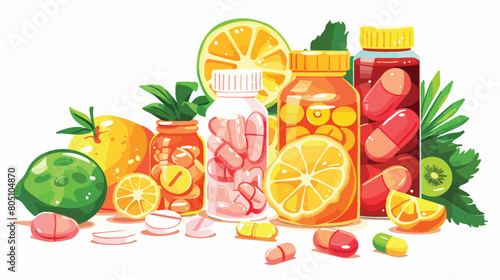 Healthy products with pills on white background Vector