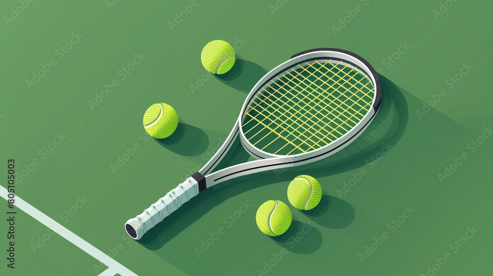 A flat vector illustration showcases an isometric view of a tennis racket and balls positioned on the court. The illustration features a green background, providing a high-contrast backdrop 