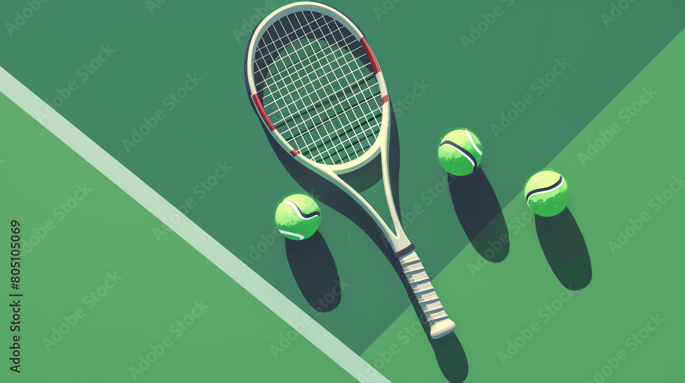 A flat vector illustration depicts an isometric view of tennis racket and balls on the court. The illustration features a green background, enhancing the contrast with the elements. 