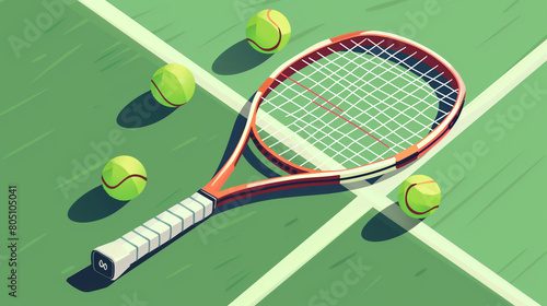 A flat vector illustration showcases an isometric view of a tennis racket and balls positioned on the court. The illustration features a green background, providing a high-contrast backdrop  © Aleksandra
