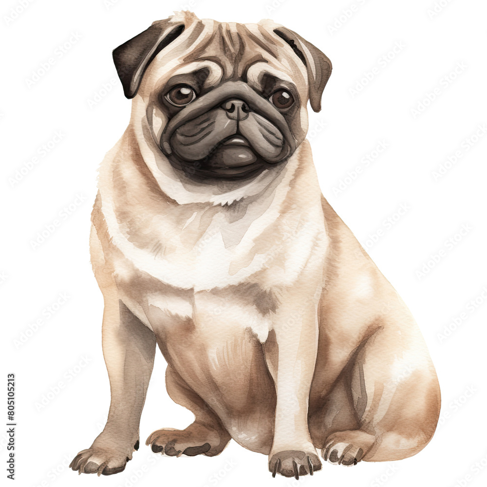 Obraz premium AI-Generated Watercolor cute Pug sitting Clip Art Illustration. Isolated elements on a white background.
