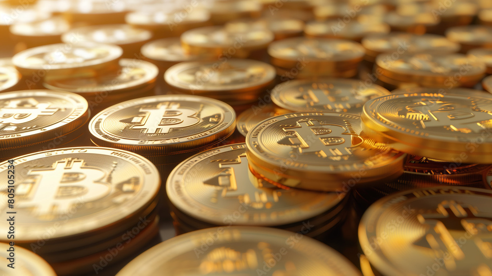 Pile of Golden Bitcoin Coins: Gleaming close-up view of numerous Bitcoin tokens stacked with prominent engravings in a warm golden light. Pile of Golden Bitcoin Coins: Gleaming close-up view of numerous Bitcoin tokens stacked with prominent engravings in a warm golden light.