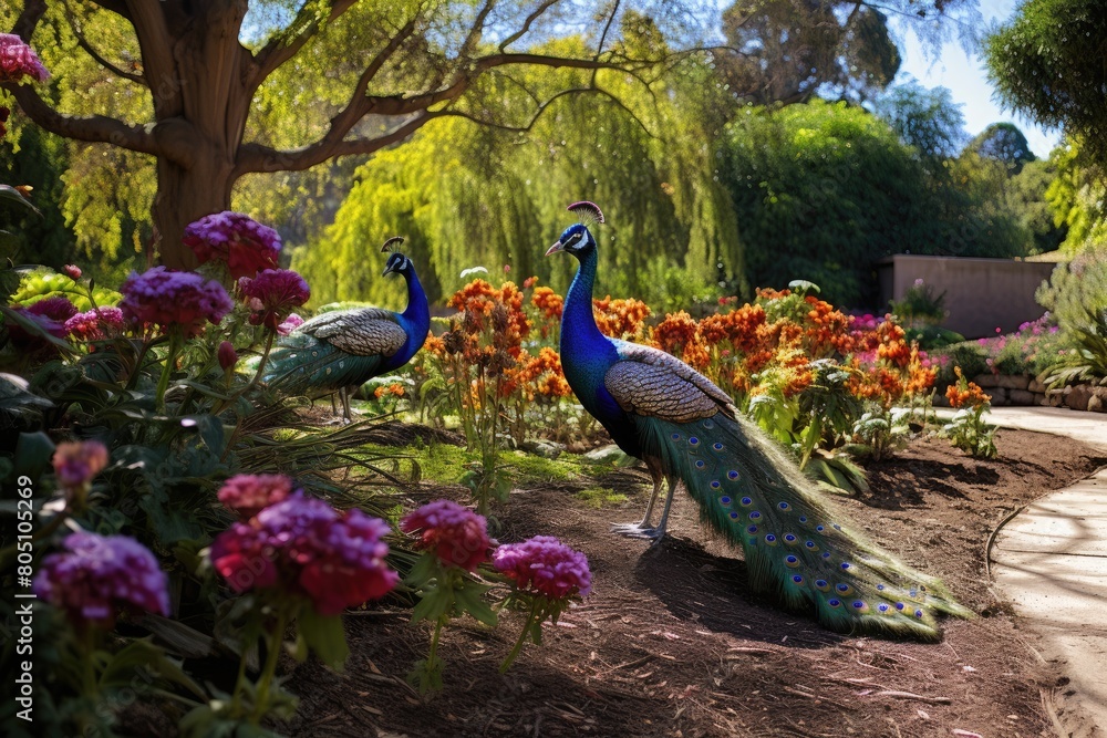 Obraz premium Los Angeles County Arboretum and Botanic Garden, USA: A scene from the historic gardens with peacocks roaming freely.