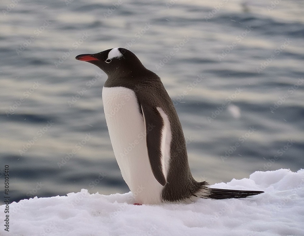 Obraz premium Pinguin in der Antarktis steht auf Schnee - freie Wildbahn