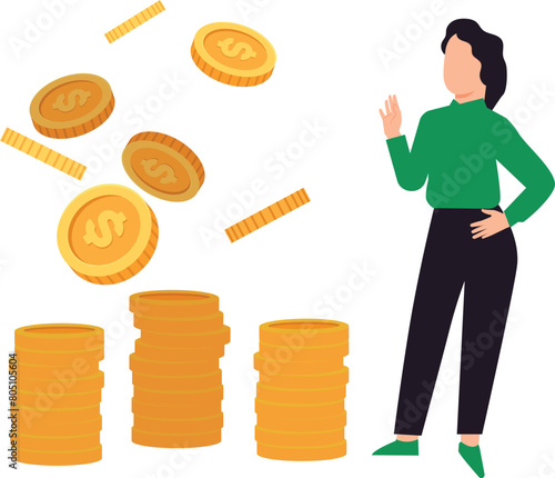 The girl is standing next to the dollar coins.