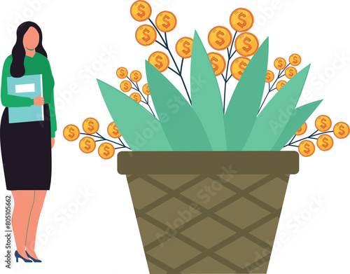 The girl is standing next to the dollar plant.
