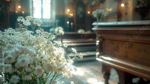 A Coffin Adorned with White Flowers Rests in the Church, Setting the Stage for a Reverent and Solemn Funeral Ceremony