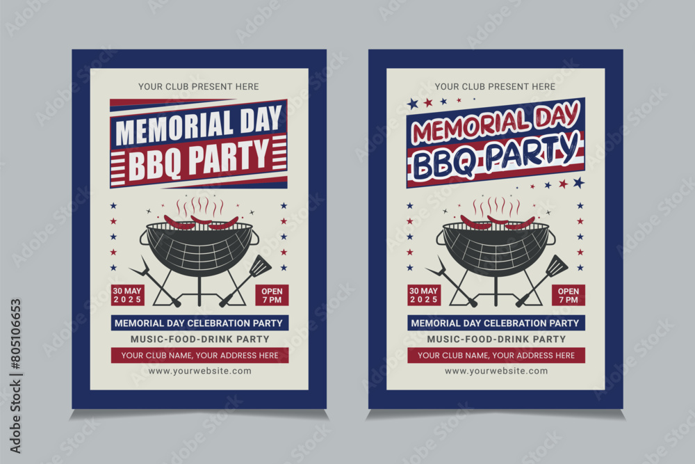 Memorial Day BBQ flyer template, Memorial Day invitation design vector ...