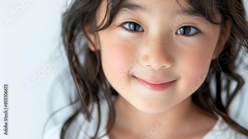 10代の日本人の女の子、笑顔のアップ、白背景
