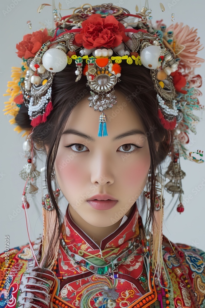 Creative Artist's Attire: Full face no crop of a Pretty Young Chinese Super Model in Bohemian-Inspired Dress and Artistic Accessories, emanating creative flair with a whimsical expression
