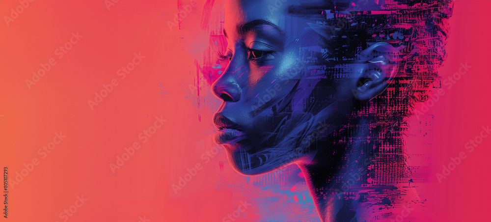 beautiful face profile of a black graceful woman drawn on pink red background with blank space beautiful face profile of a black graceful woman drawn on pink red background with blank space
