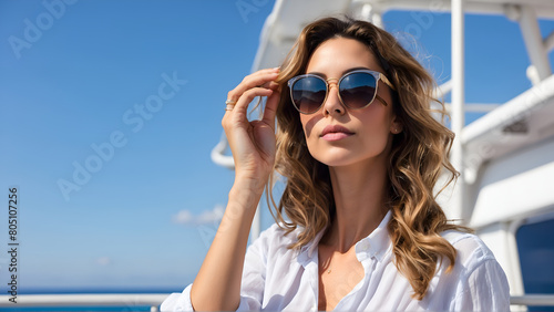 Portrait of sunglasses wearing young woman against blue sky 