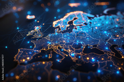 Abstract digital map of Western Europe, concept of global network and connectivity, international data transfer and cyber technology, worldwide business, information exchange and telecommunication