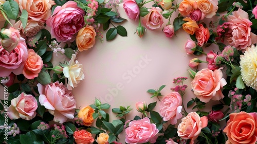 Rose background in the empty center surrounded by a circle of bright roses. © Glce