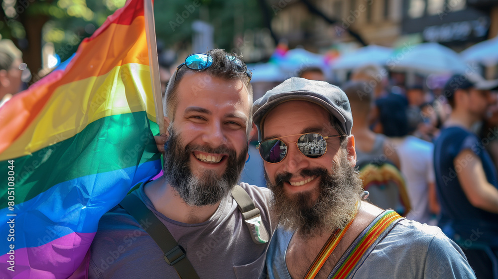 two handsome muscle men are smiling and holding a rainbow flag two handsome muscle men are smiling and holding a rainbow flag