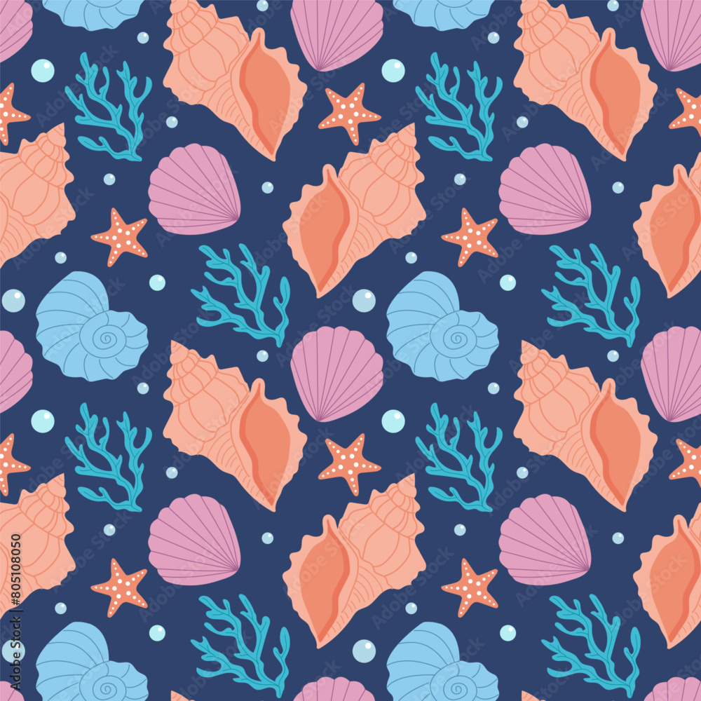 Fototapeta Seamless pattern with shells and seaweed, vector illustration. Marine summer background with shells. Trendy pattern in flat style, design for wrapping paper, wallpaper, stickers, notebook cover.