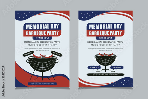 Memorial Day BBQ flyer template, Memorial Day invitation design vector. photo