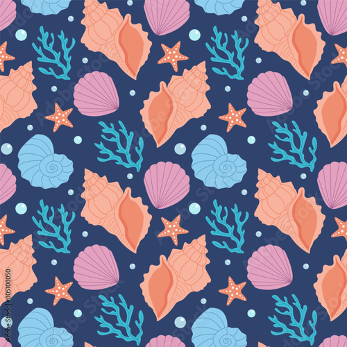 Seamless pattern with shells and seaweed, vector illustration. Marine summer background with shells. Trendy pattern in flat style, design for wrapping paper, wallpaper, stickers, notebook cover.