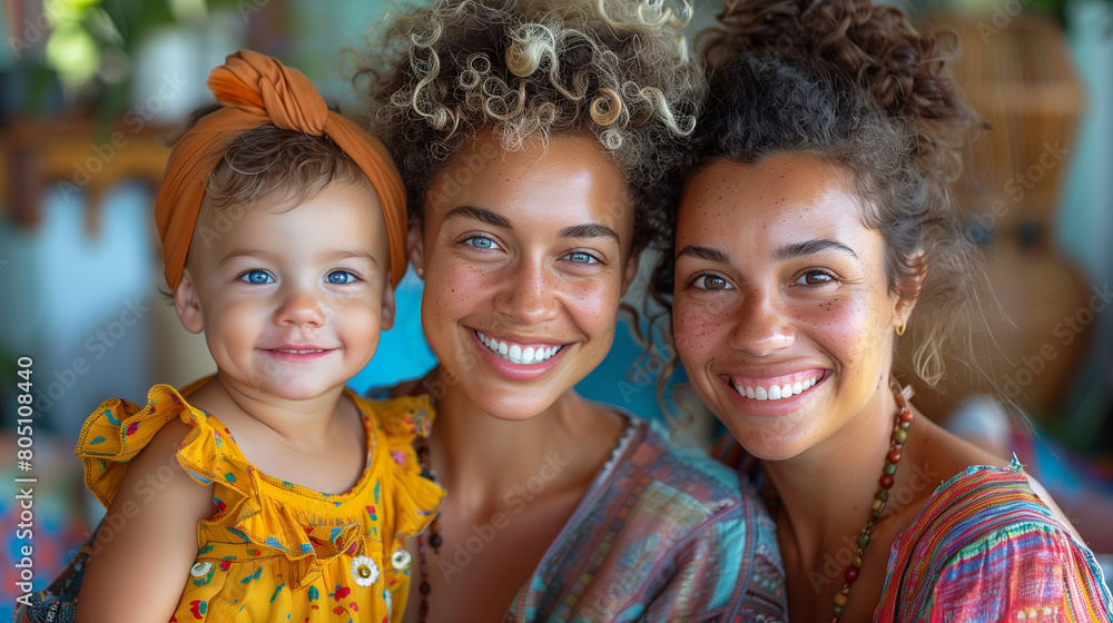 happy same-sex young family of two women and their little child, family portrait happy same-sex young family of two women and their little child, family portrait