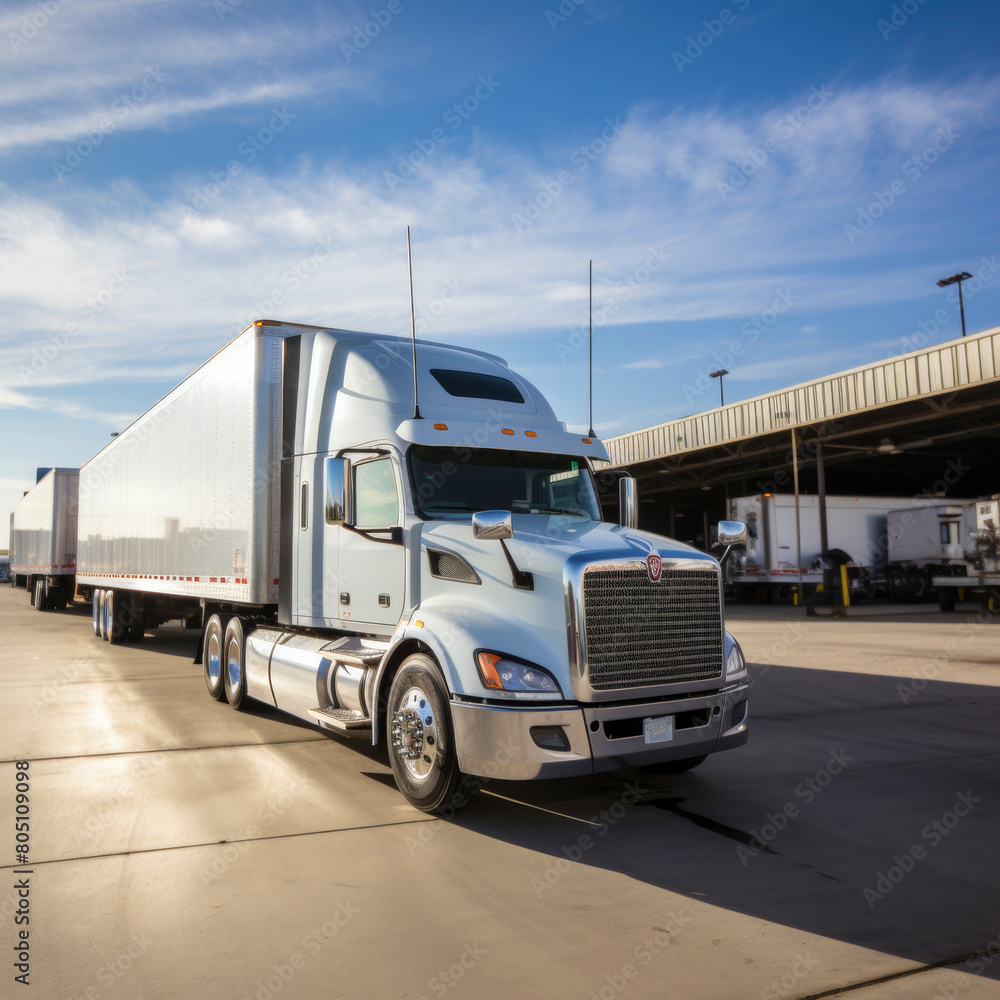 Naklejka premium Shiny semi truck parked at a freight loading dock under a clear sky