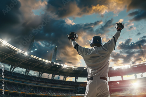 A baseball player is standing in the outfield, holding his arms up in the air. The sky is cloudy and the stadium is lit up photo