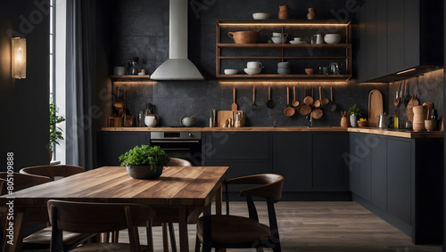 Refined Kitchen Setup, Large Room with Modern Interior Design, Complete with Wood Table and Chairs, Set Against a Dark Classic Wall.