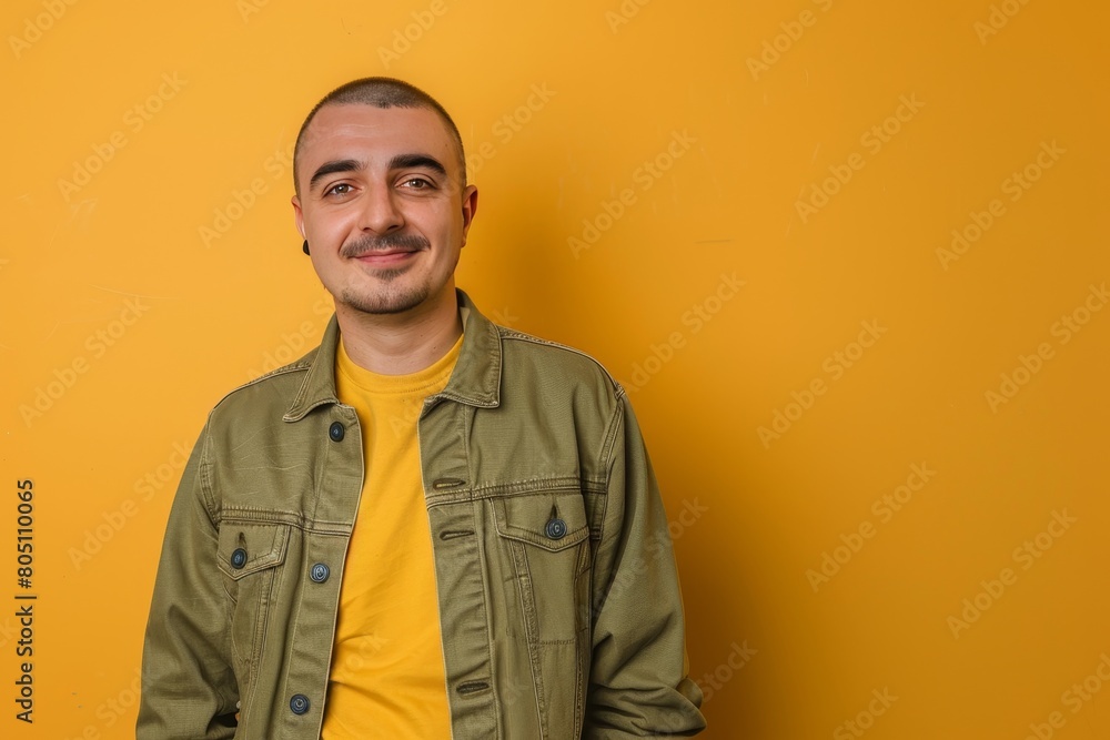 Georgian man in stylish apparel smiling in waist-high portrait against one color background