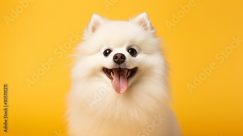 Cute white Pomerania dog portrait smiling on yellow background photo