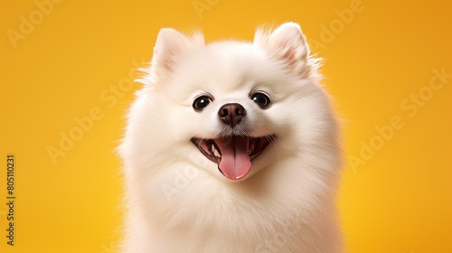 Cute white Pomerania dog portrait smiling on yellow background