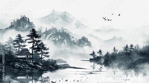 Chinese landscape painting in the ink style with black and white tones depicts pine trees on the bank of a river in mountains