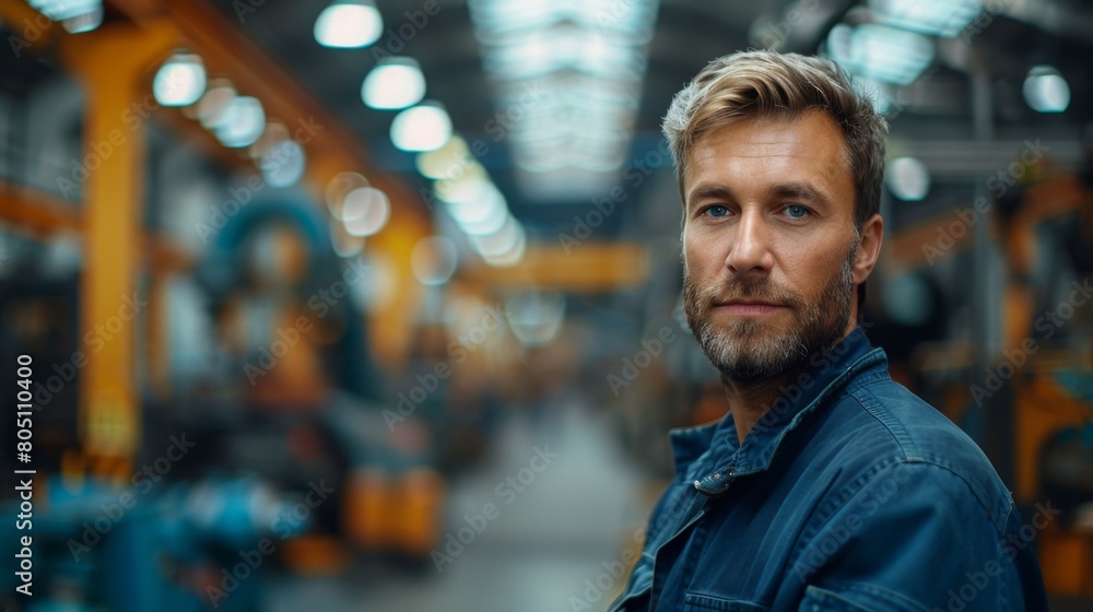 A male worker stands in a workshop against an industrial background. A male worker stands in a workshop against an industrial background.