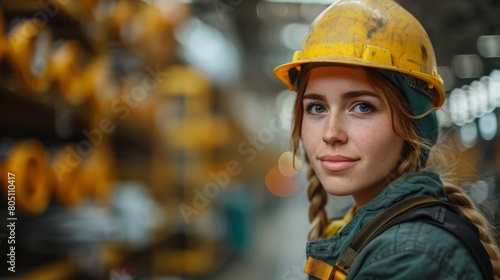A female worker stands in a workshop against an industrial background.