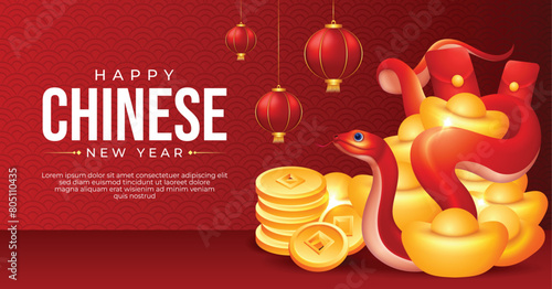 Chinese New Year 2025 banner design with red snake, golden coins and ingots