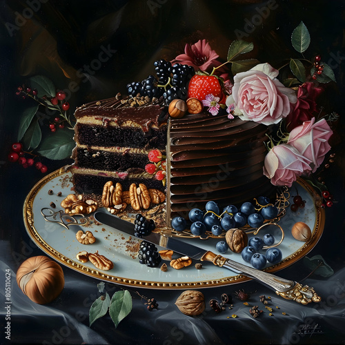 Dark chocolate cake with berries and nuts, vintage plate, vintage knife, dark background