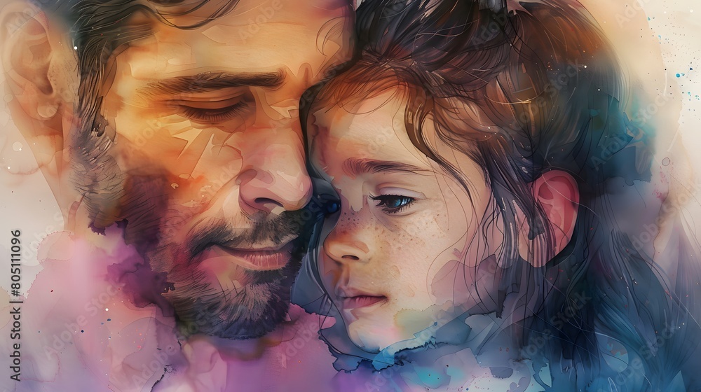 watercolor illustration of father and dauther on colorful background, love care father's day and bonding concept