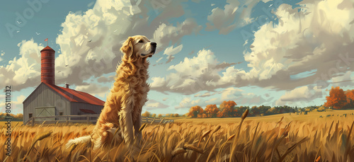 watchdog or shepherd dog on the farm in the field in a beautiful pose on the background of the barn, helper of man 