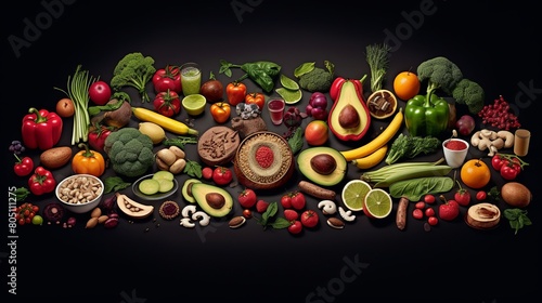 Healthy food selection on dark background. Top view, flat lay