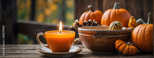 Rustic Autumn Delight, Cup of Tea, Candle, Open Book, and Pumpkins Cozy Up a Wooden Background.