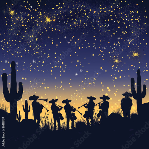An elegant vector background featuring a stylized illustration of a Mexican mariachi band performing under a starry night sky, with silhouetted cacti in the foreground photo